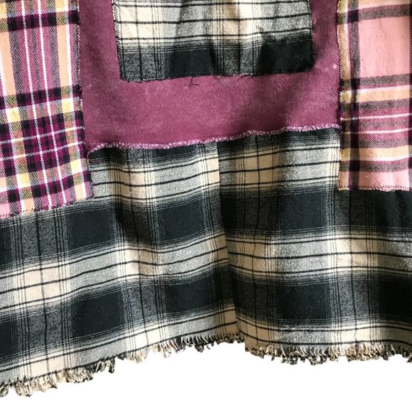 Upcycled Patchwork Hoodie, S-M: Distressed Magenta Grunge Sweater, Campus Style - Picture 13 of 16